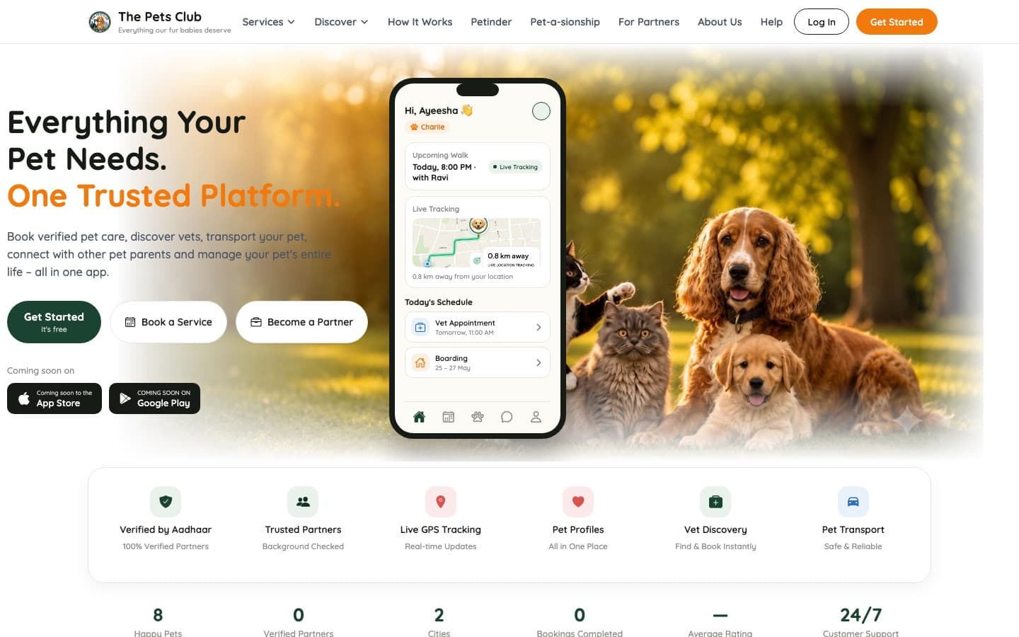 The Pets Club home page on a laptop: “Everything your pet needs. One trusted platform.” with buttons to get started, book a service or become a partner.
