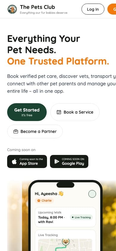 The Pets Club home page on a phone.